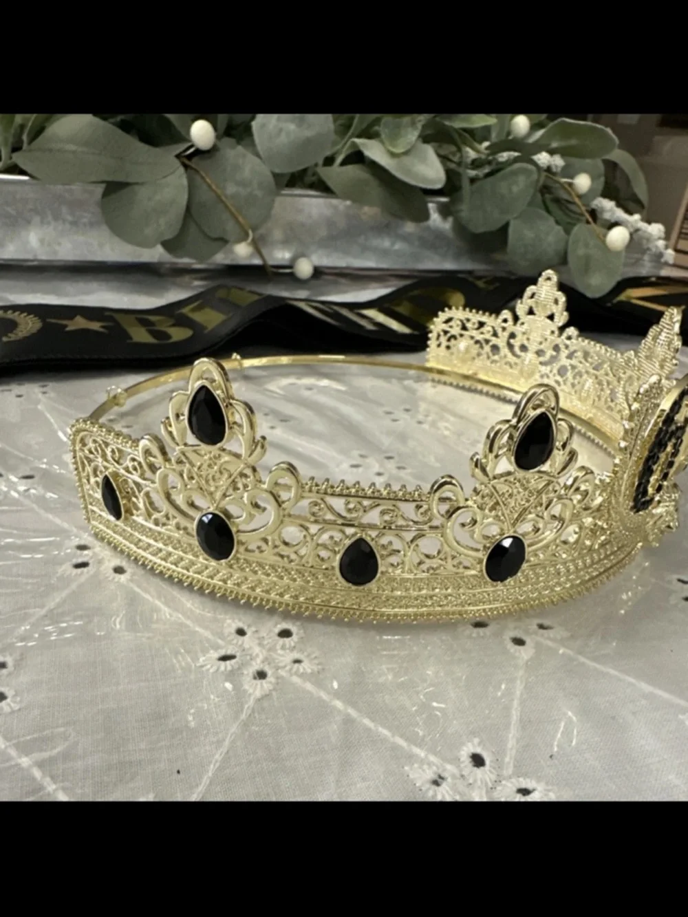 60th Birthday Gold & Black Crown with satchel